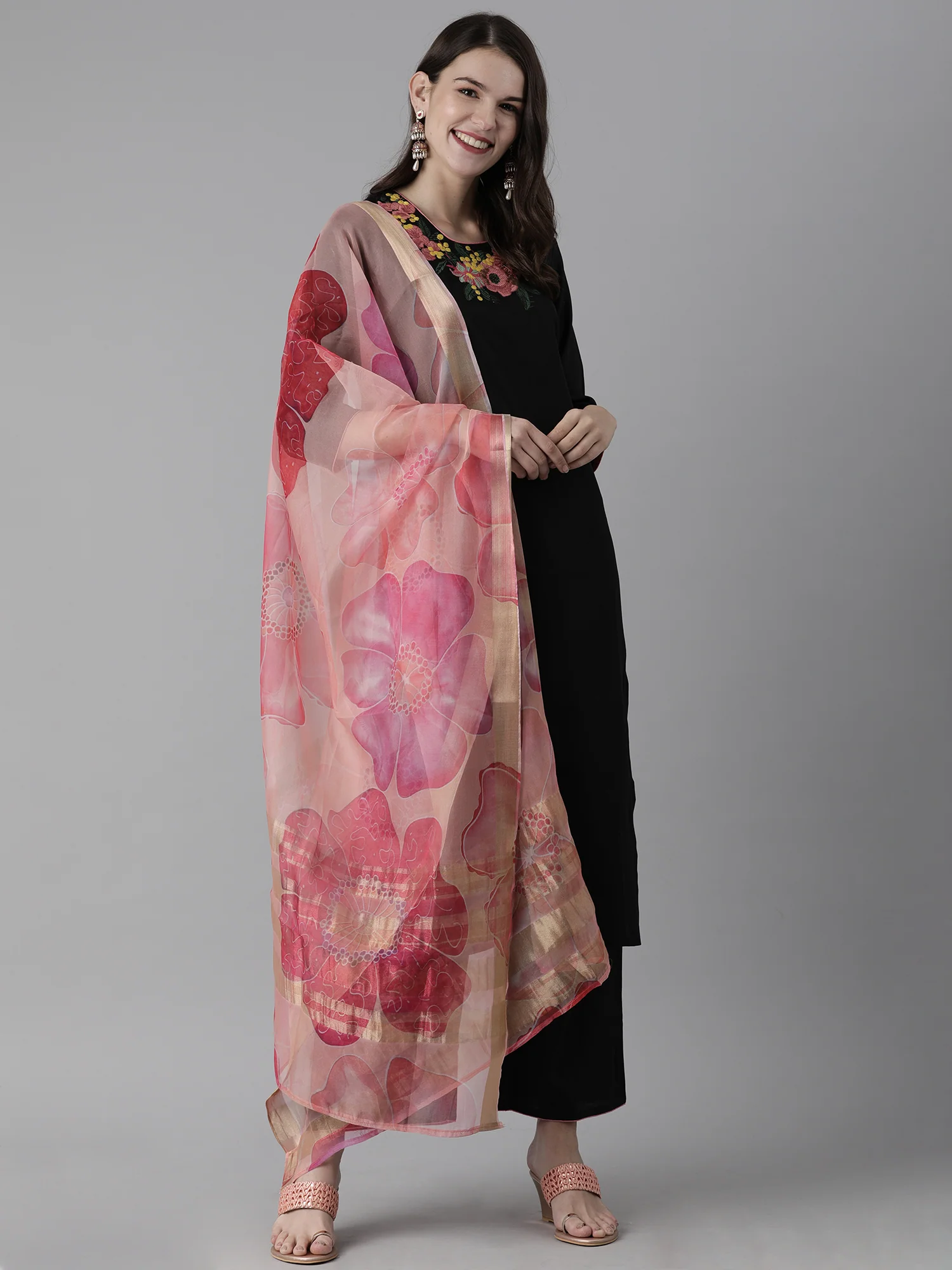 Indo Era Black Embroidered Straight Kurta Palazzo With Dupatta Set - Image 4
