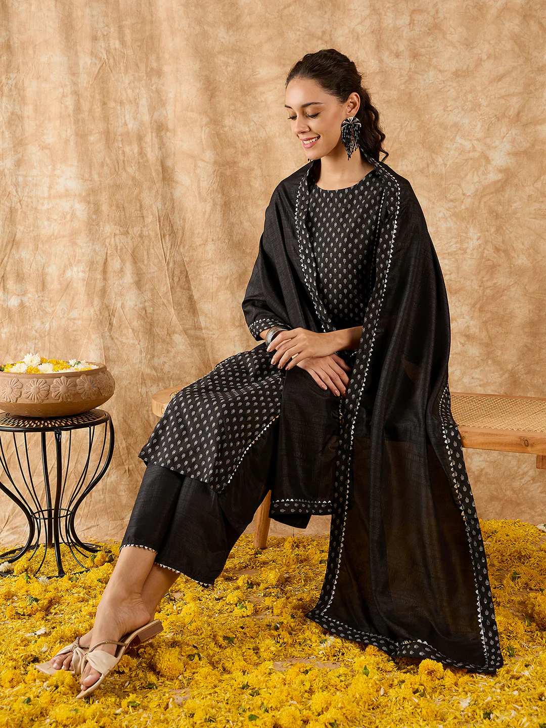 Indo Era Black Printed A-Line Kurta Trouser with Dupatta set - Image 3