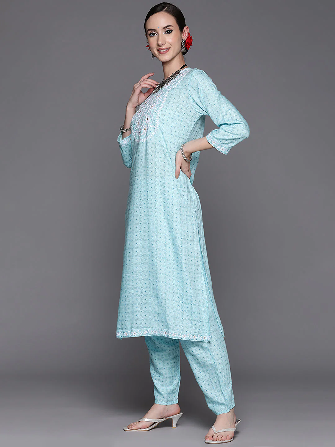 Indo Era Blue Embroidered Straight Kurta Trousers With Dupatta Set - Image 3