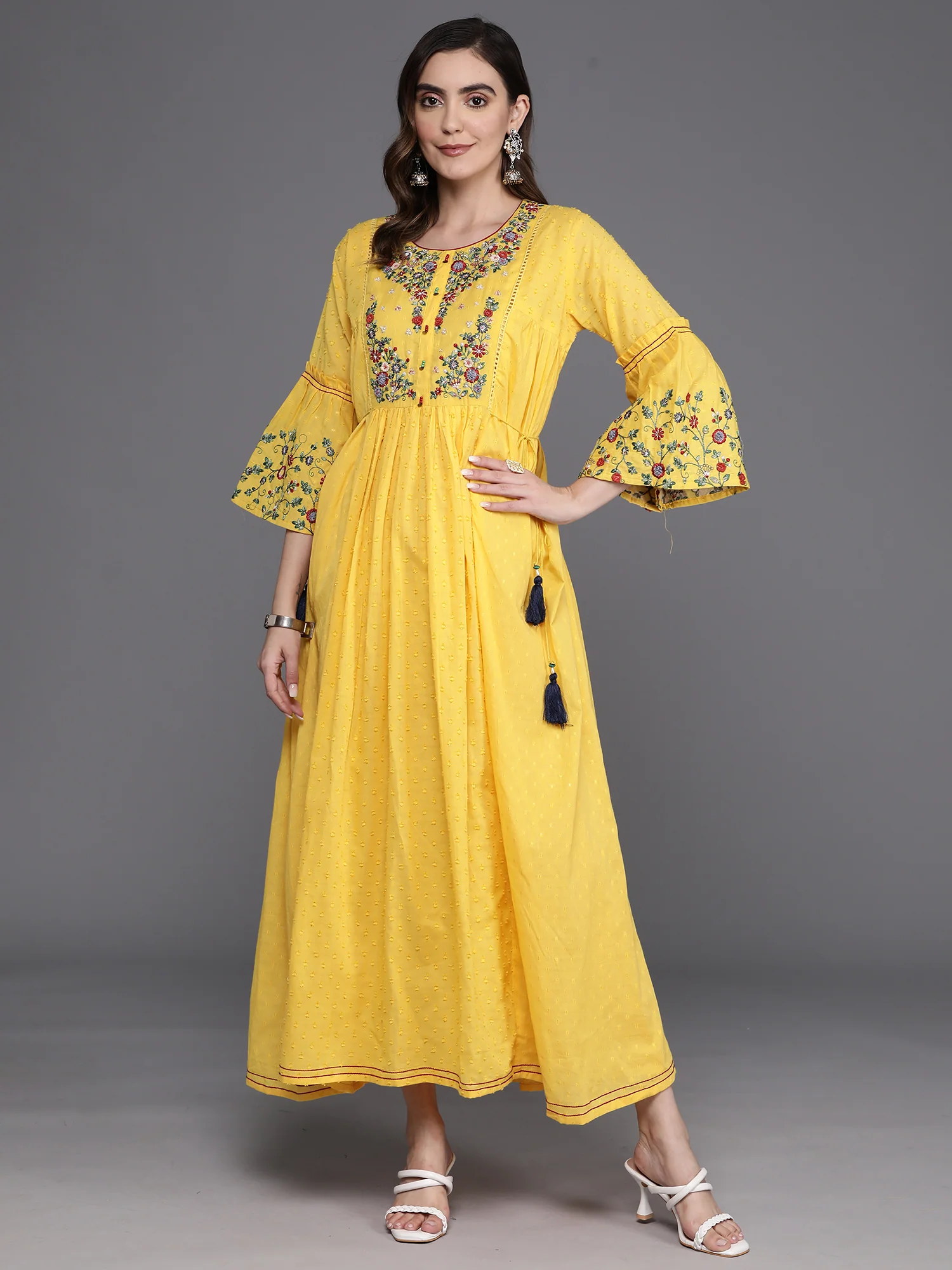 Indo Era Floral Embroidered Round Neck Tie-Ups Detail Cotton Maxi Dress - Image 3