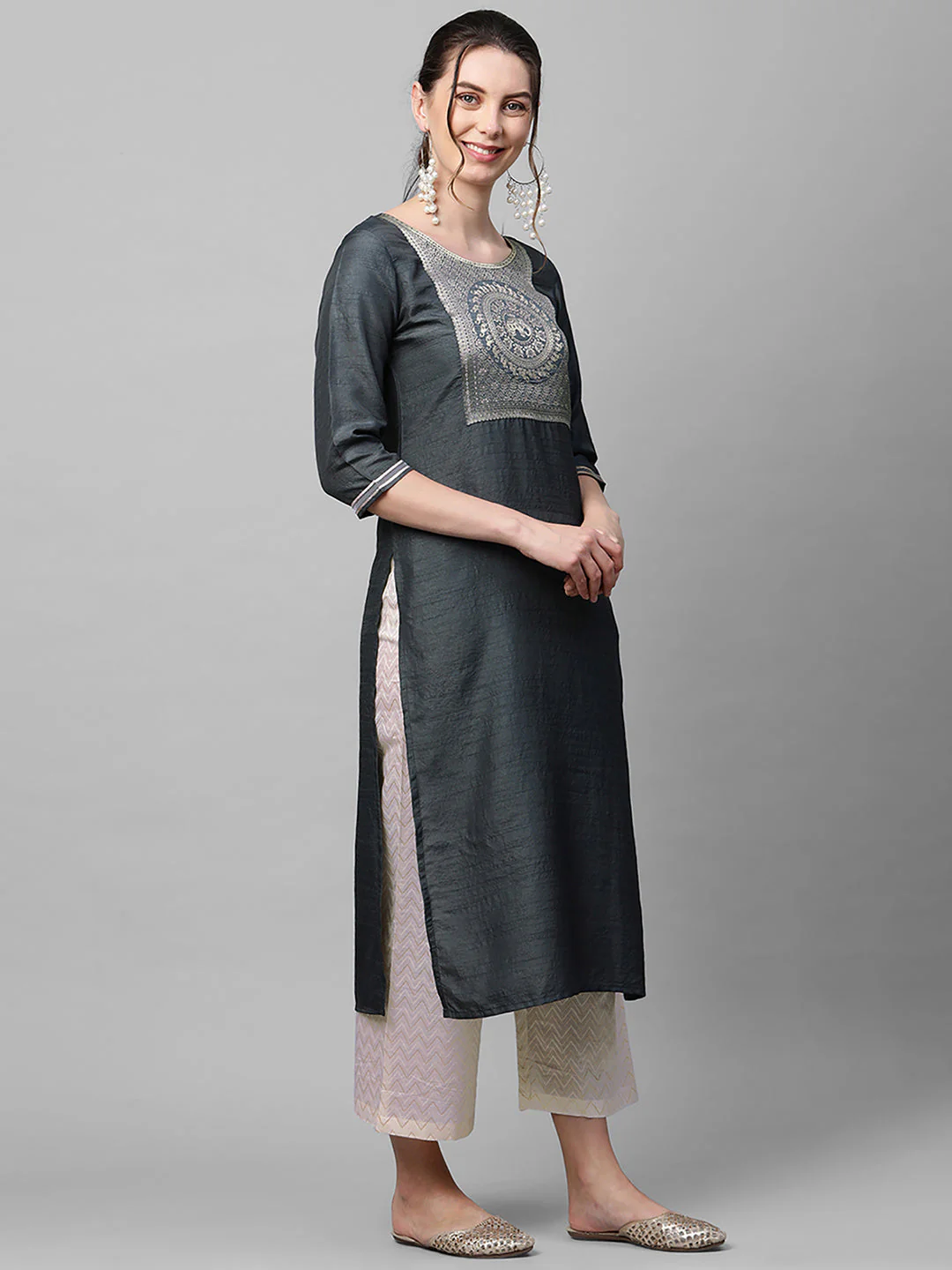 Indo Era Grey Solid Straight Kurta - Image 3