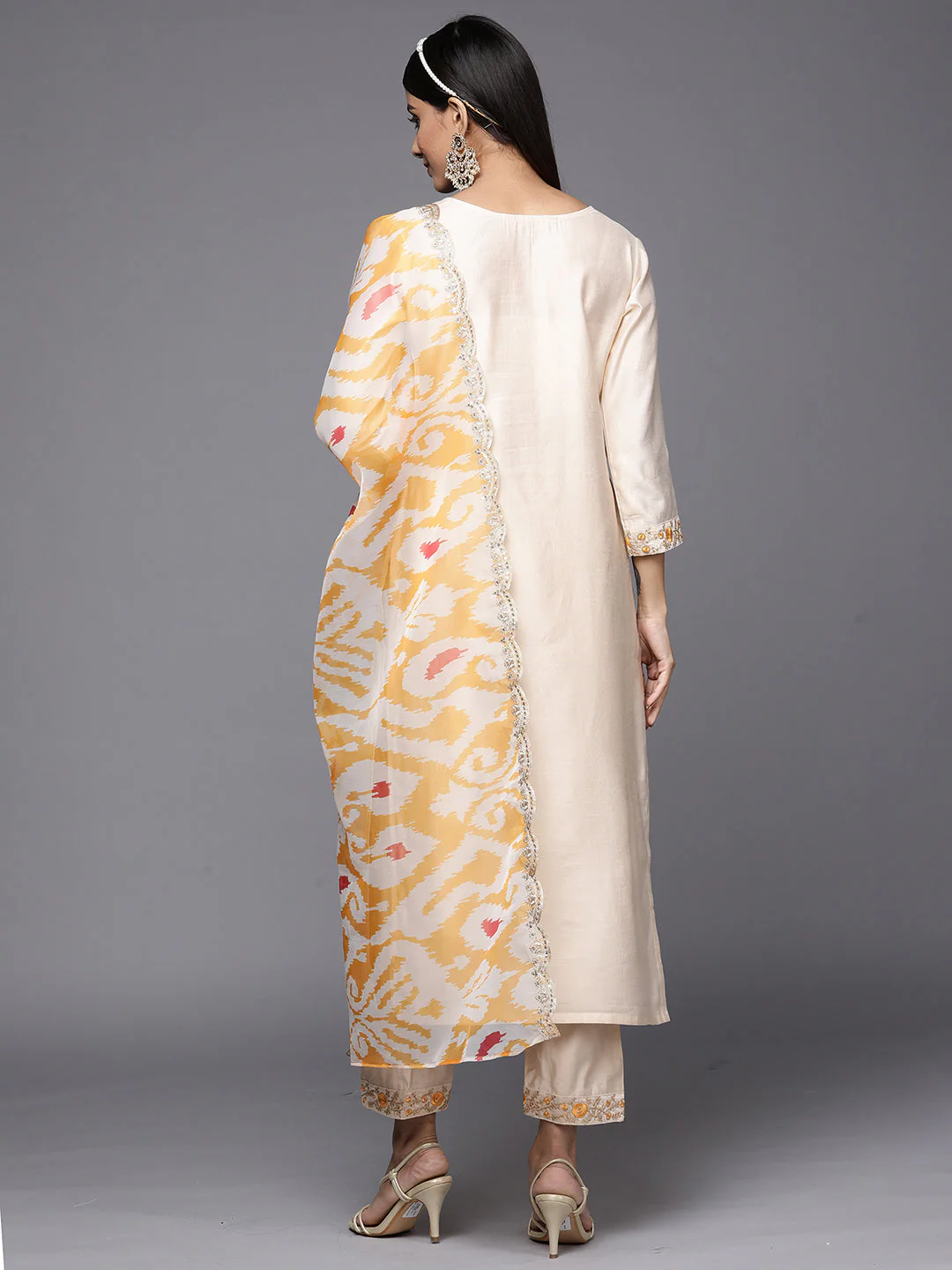 Indo Era Kesariya White Embroidered Straight Kurta Trouser With Dupatta Set - Image 4