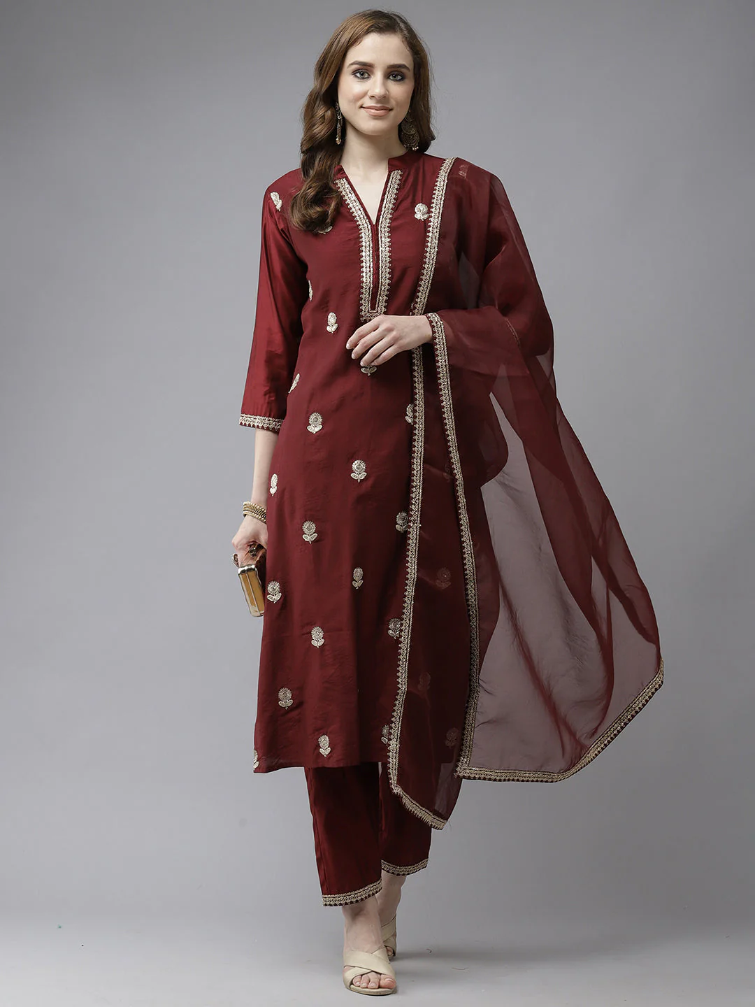 Indo Era Maroon Embroidered Straight Kurta Trouser With Dupatta Set - Image 3