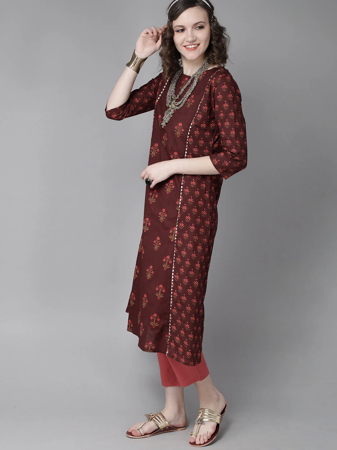 Indo Era Maroon Floral Printed A-Line Kurta with Palazzo Set - Image 4
