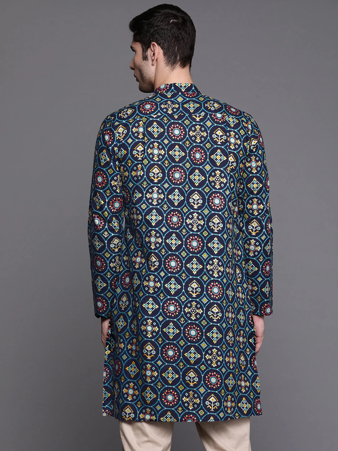 Navy Blue Block Print Cotton Straight Kurtas - Image 4