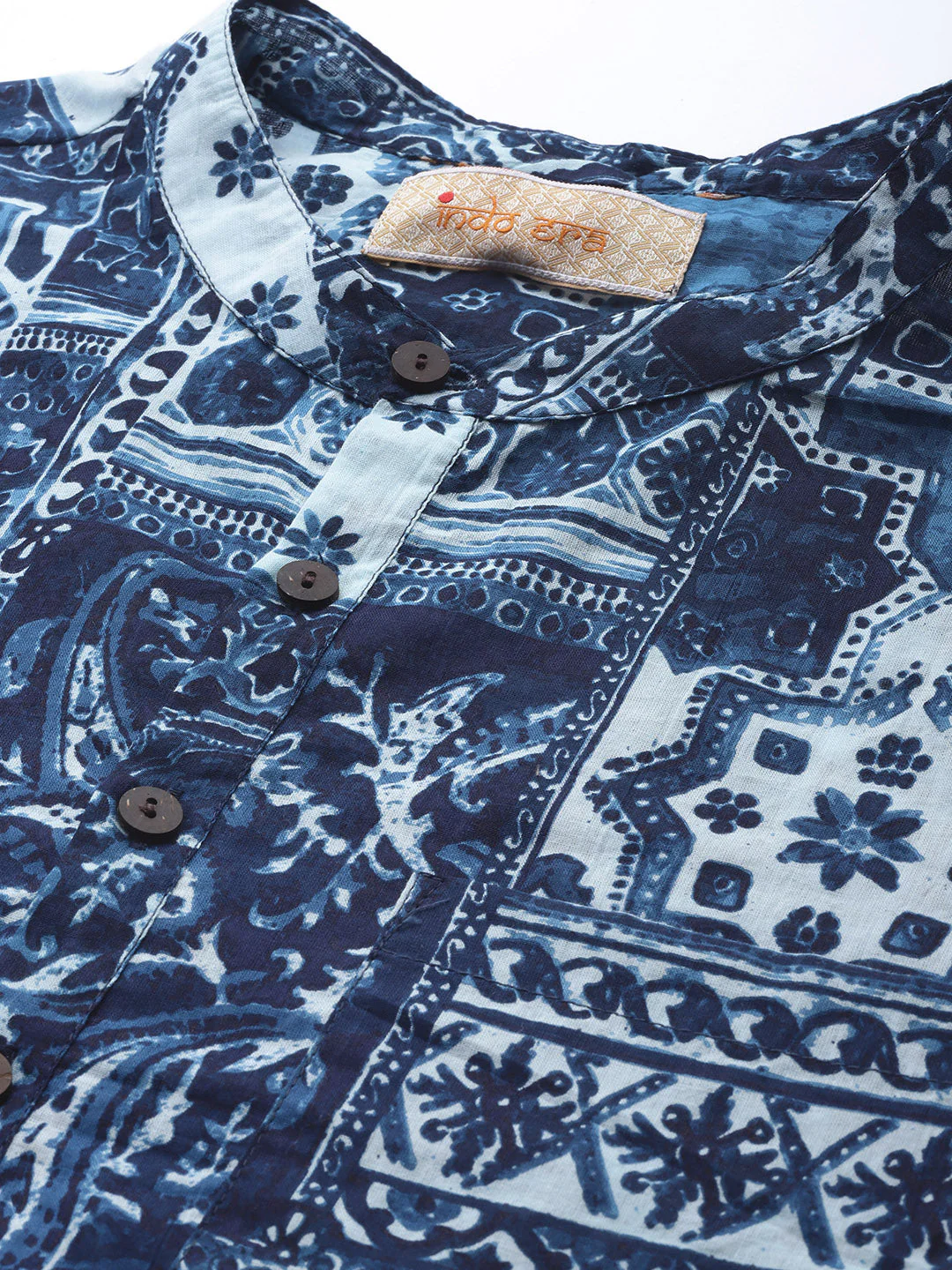 Indo Era Navy Blue Ethnic Motifs Cotton Straight Kurtas - Image 5