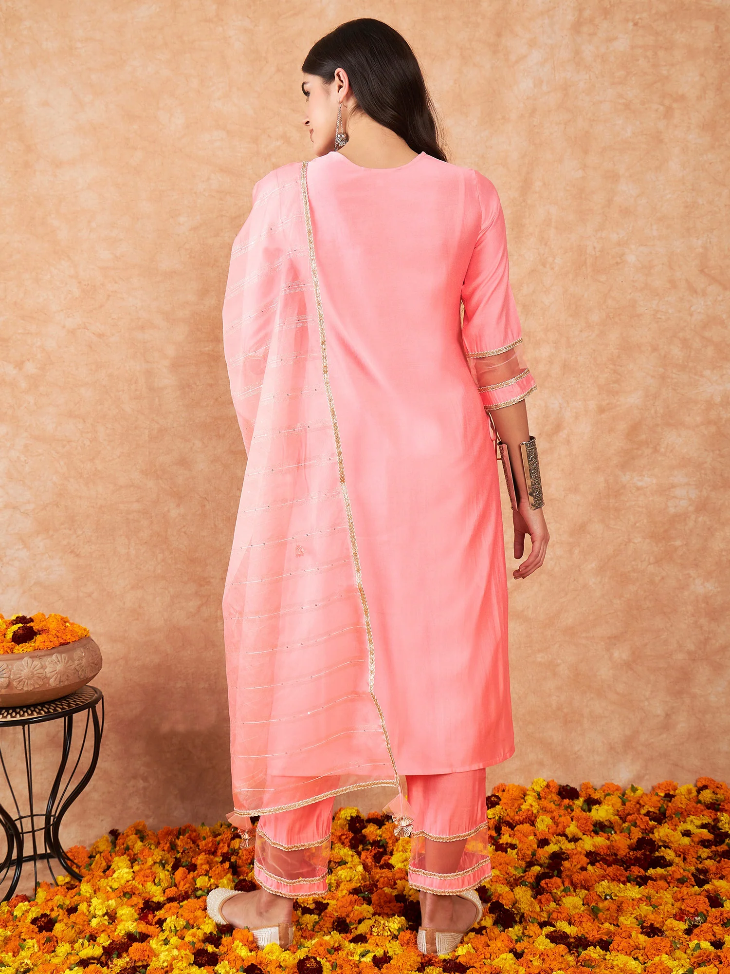 Indo Era Pink Embroidered A-Line Kurta With Trouser Set - Image 6