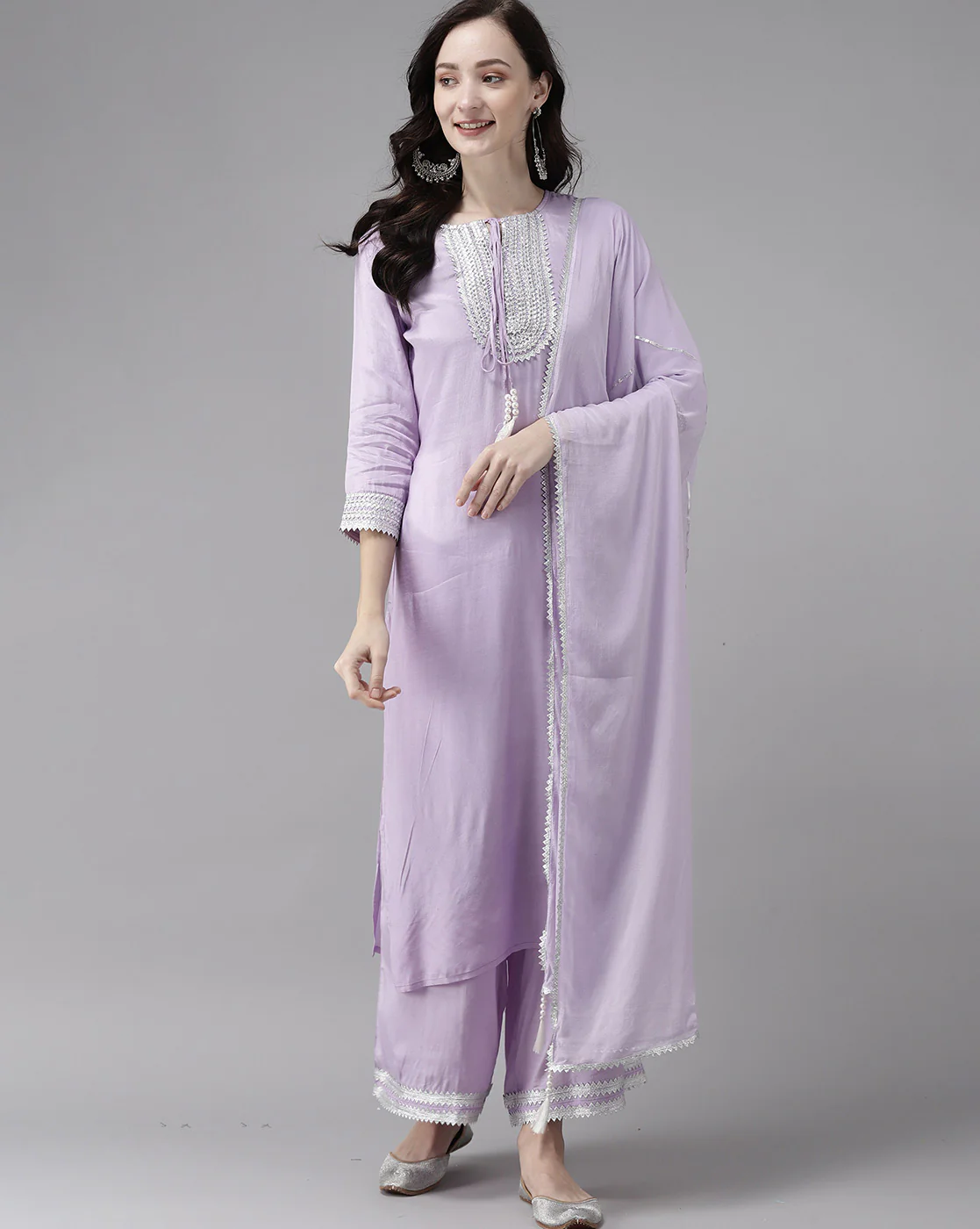 Indo Era Purple Embroidered Straight Kurta Palazzo With Dupatta Set - Image 4