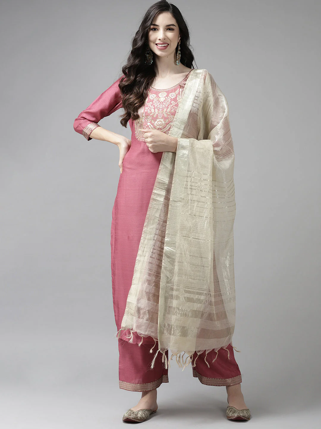 Indo Era Solid Pink Straight Kurta Palazzo With Dupatta Set - Image 4