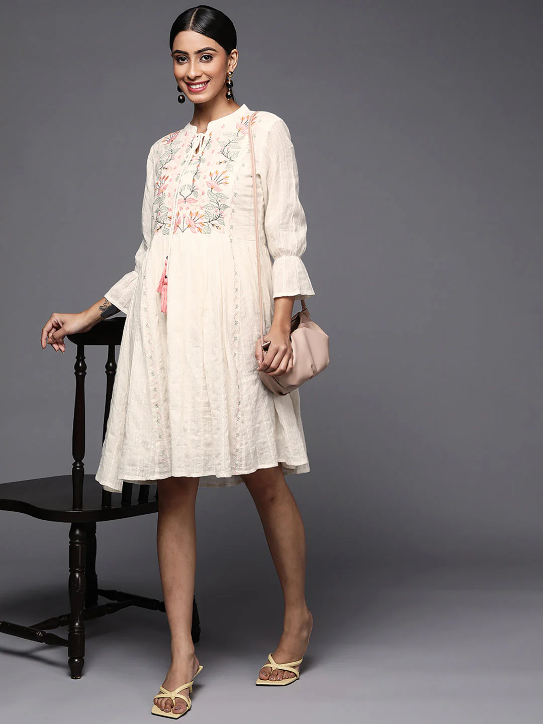 Indo Era Off White Embroidered A-Line Ethnic Dress - Image 3