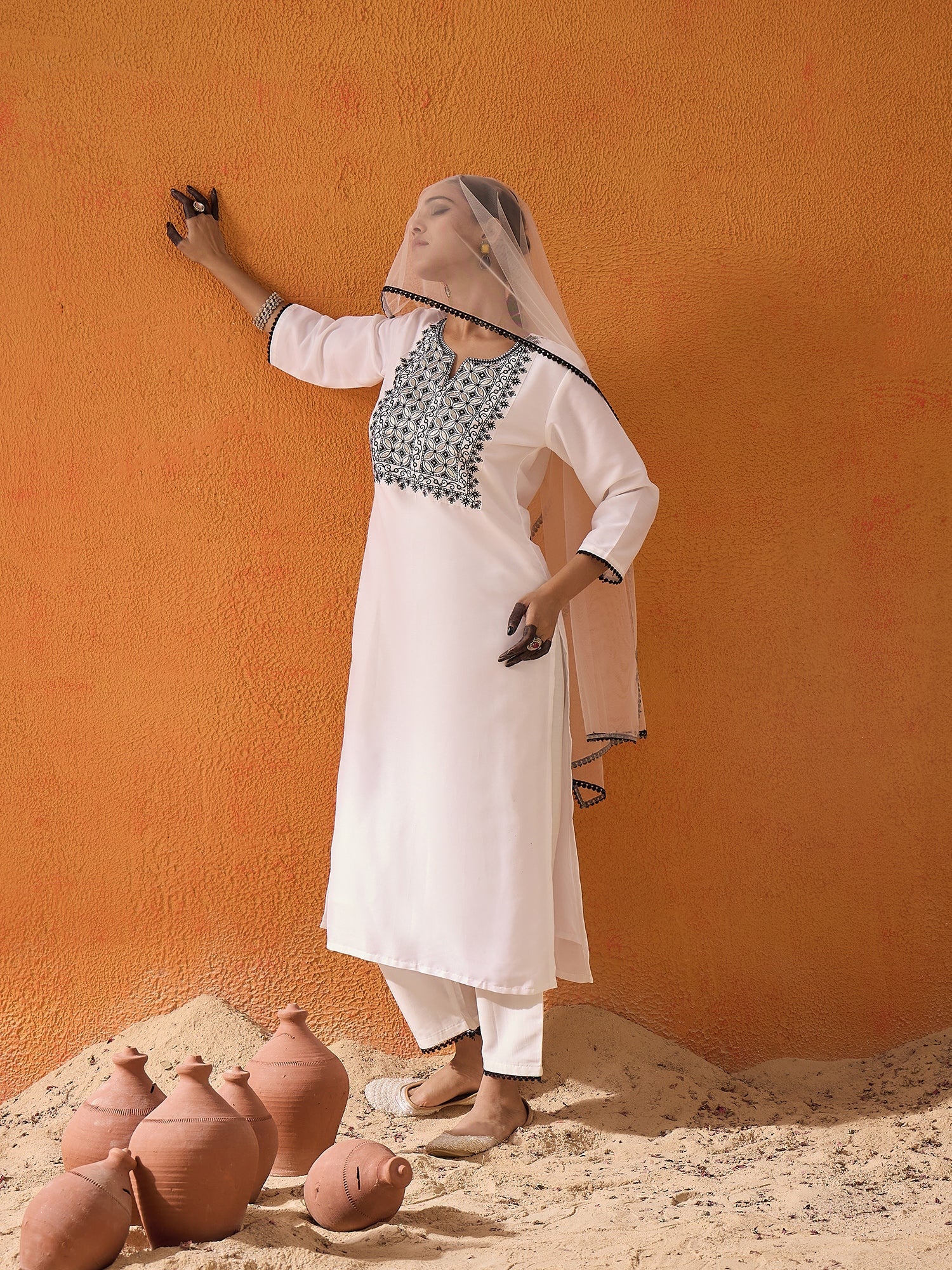 Indo Era White Embroidered Straight Kurta Trousers With Dupatta  Set - Image 3