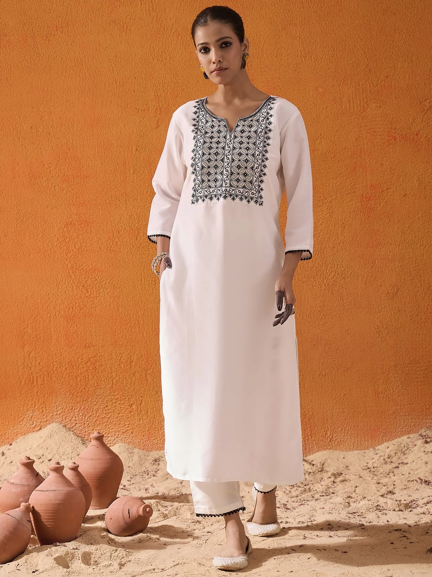 Indo Era White Embroidered Straight Kurta Trousers With Dupatta  Set - Image 4